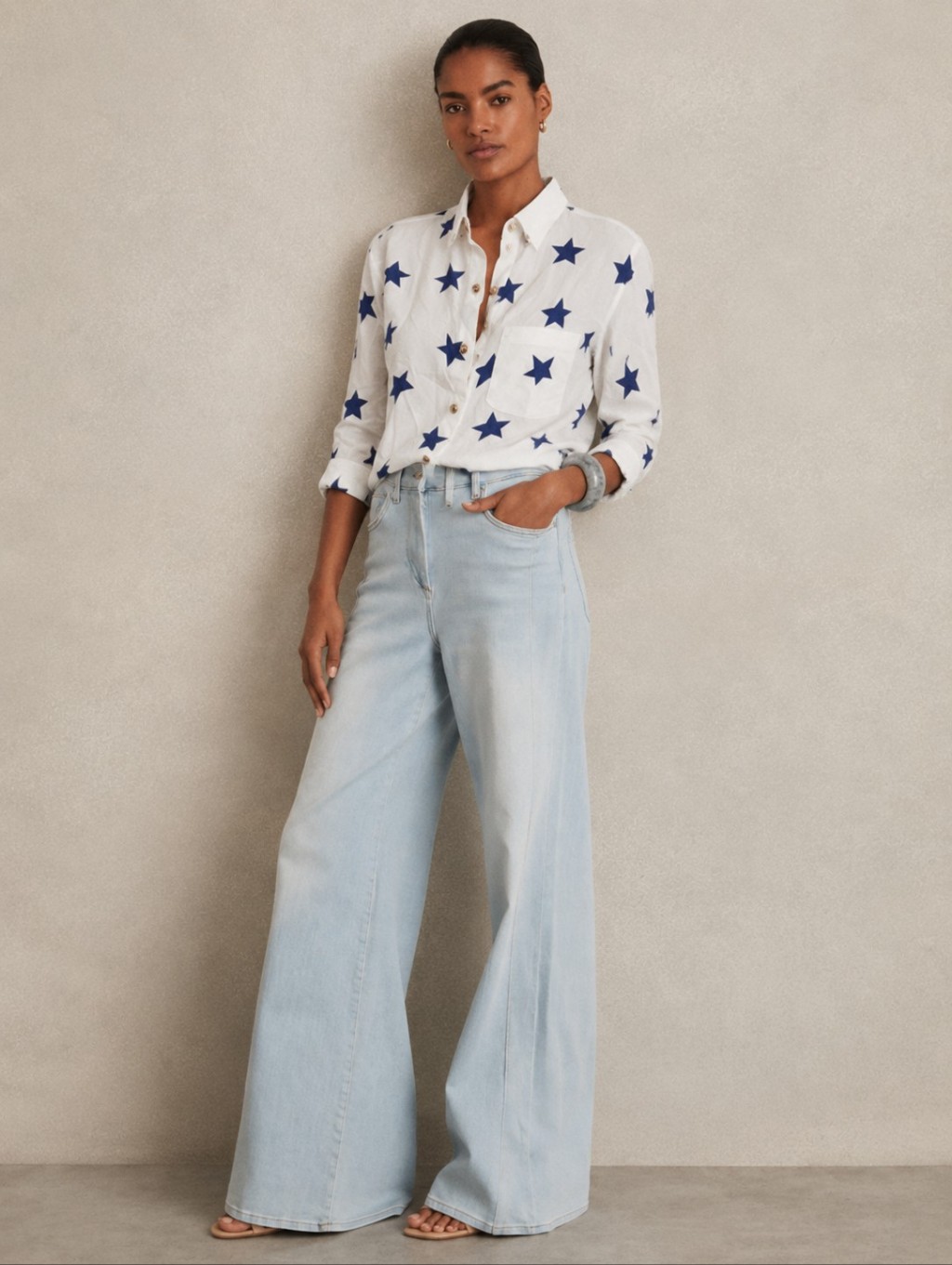 Escada Silk Star Print Button-Up Blouse White Blue S